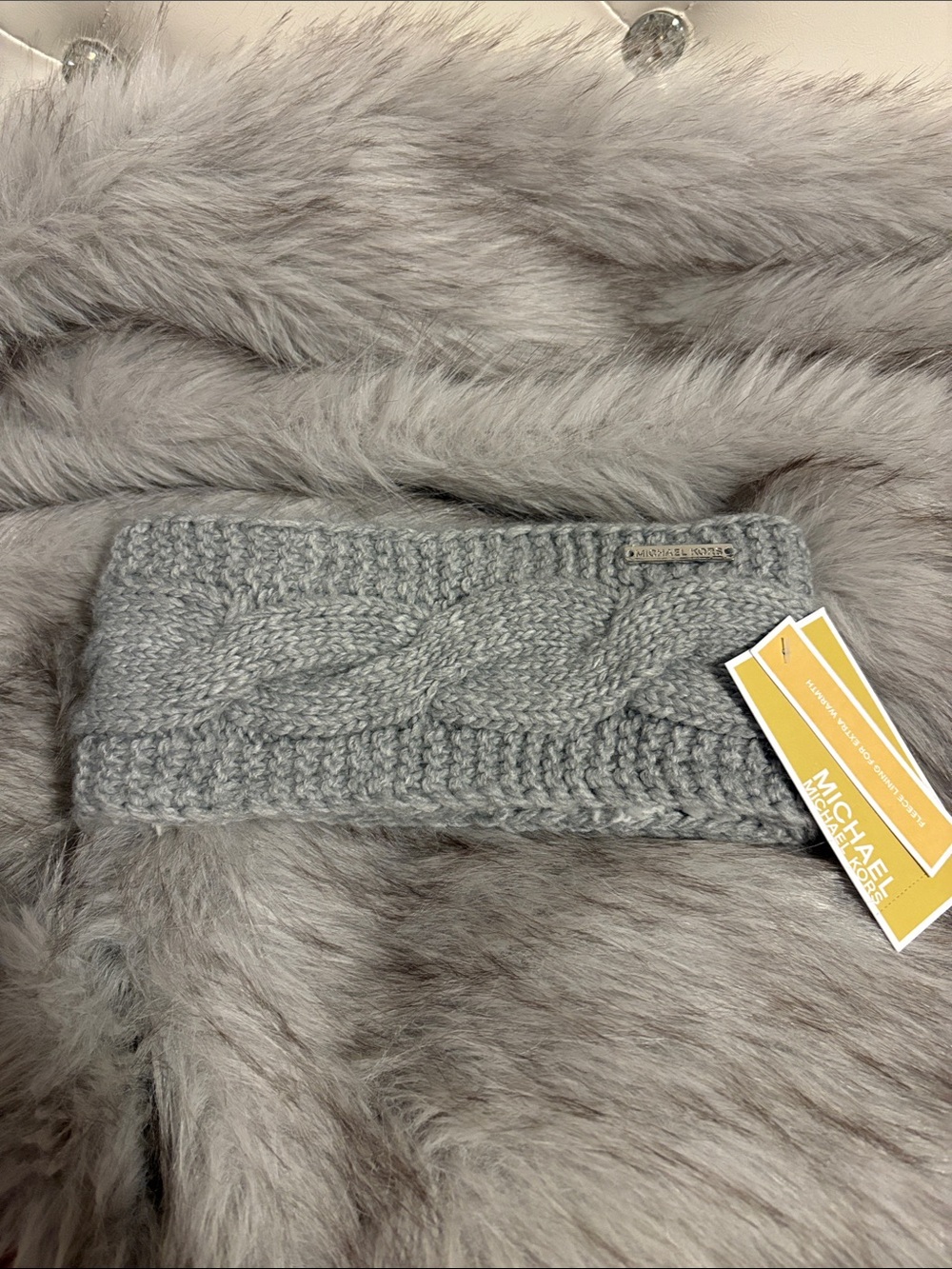 Michael Kors Light Gray Cable Knit Headband with Logo Plaque
